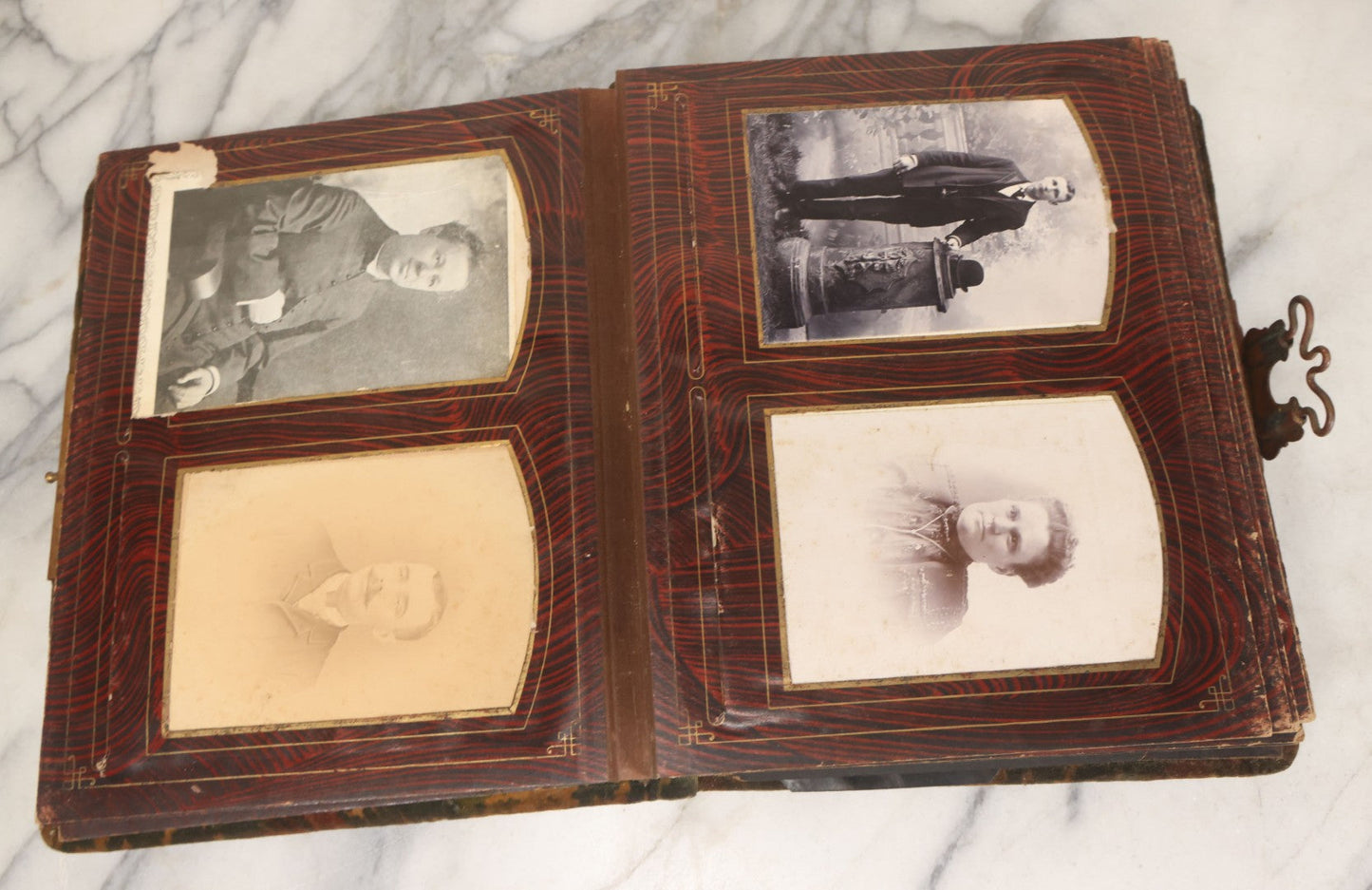 Lot 172 - Antique Victorian Portrait Photo Album With Good Luck Horseshoe Beveled Glass Mirror Cover, 30+ Cabinet Card Photographs, Assorted Loose Photos, Note Has Heavy Musty Smell