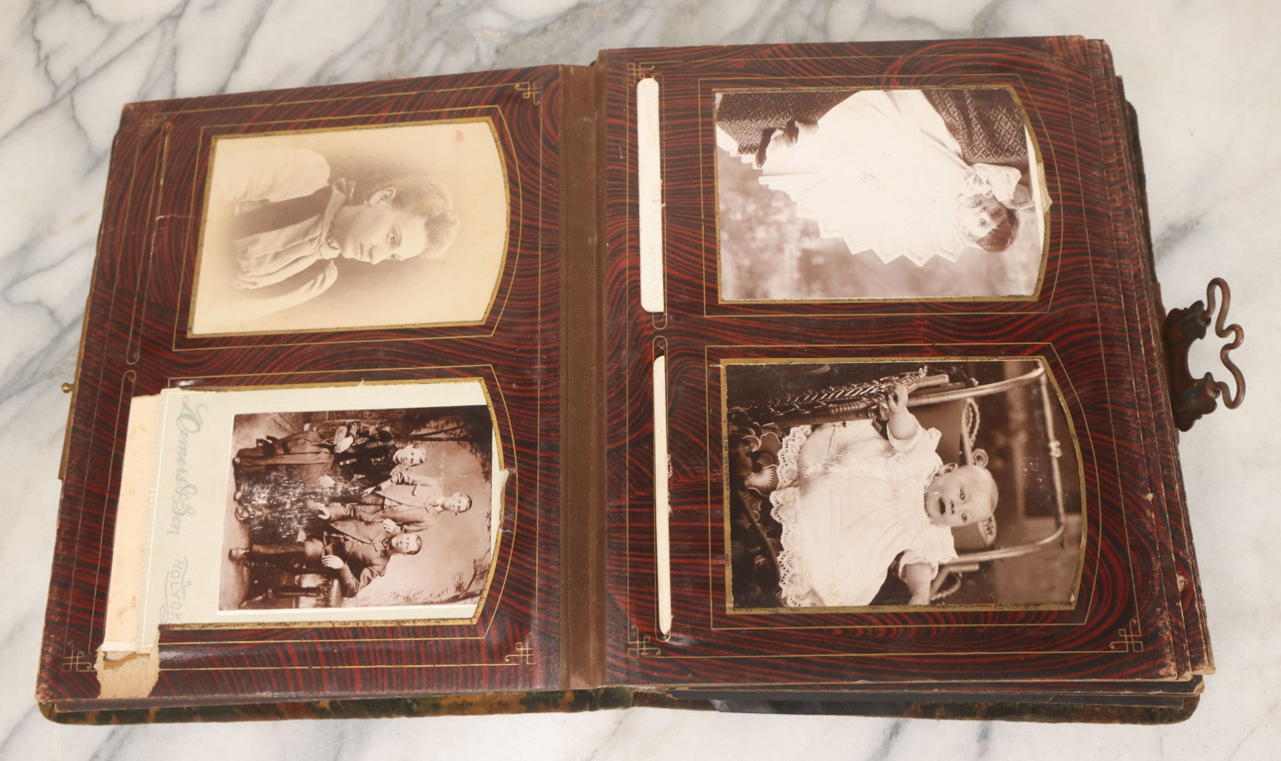 Lot 172 - Antique Victorian Portrait Photo Album With Good Luck Horseshoe Beveled Glass Mirror Cover, 30+ Cabinet Card Photographs, Assorted Loose Photos, Note Has Heavy Musty Smell