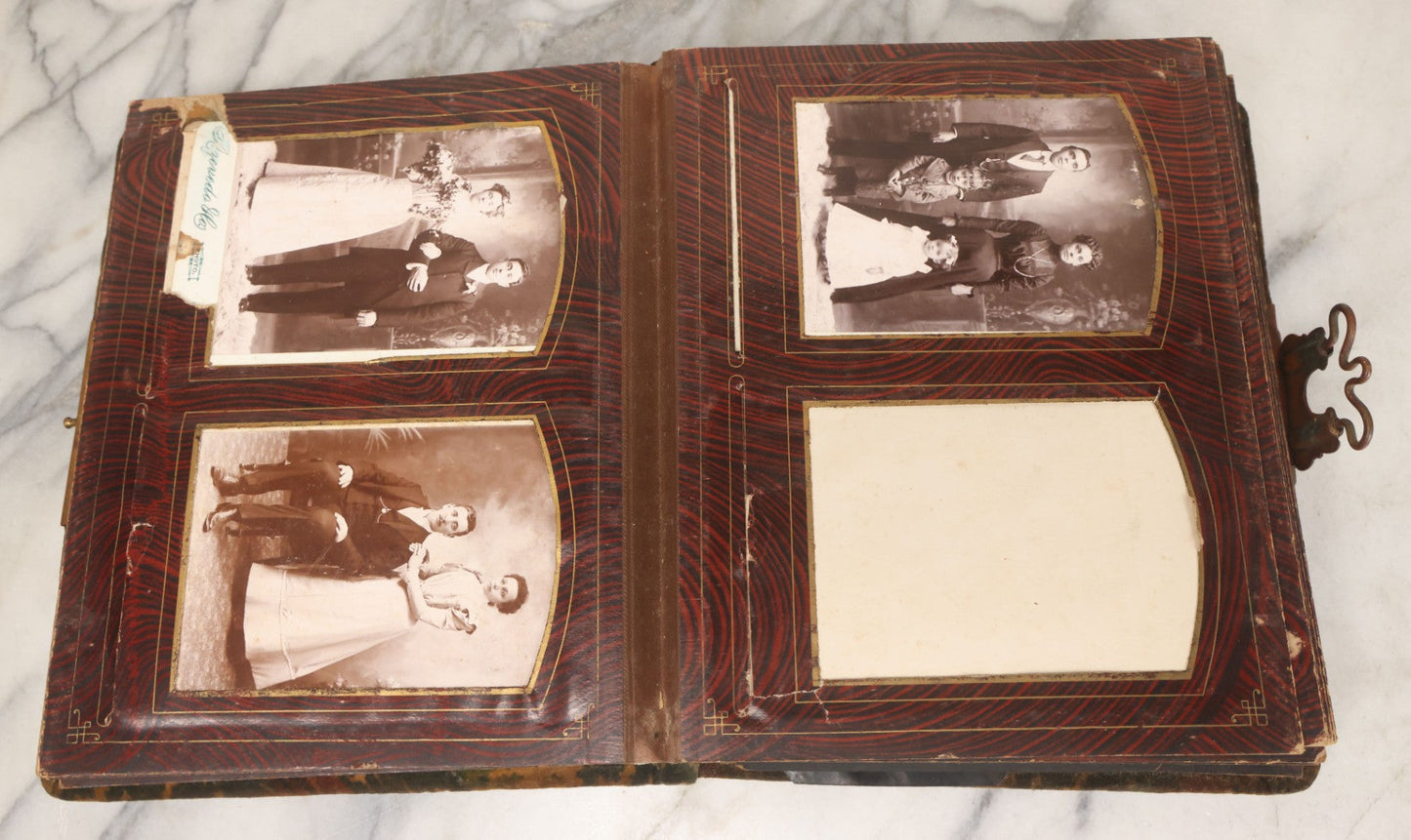 Lot 172 - Antique Victorian Portrait Photo Album With Good Luck Horseshoe Beveled Glass Mirror Cover, 30+ Cabinet Card Photographs, Assorted Loose Photos, Note Has Heavy Musty Smell