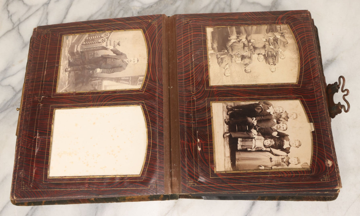 Lot 172 - Antique Victorian Portrait Photo Album With Good Luck Horseshoe Beveled Glass Mirror Cover, 30+ Cabinet Card Photographs, Assorted Loose Photos, Note Has Heavy Musty Smell