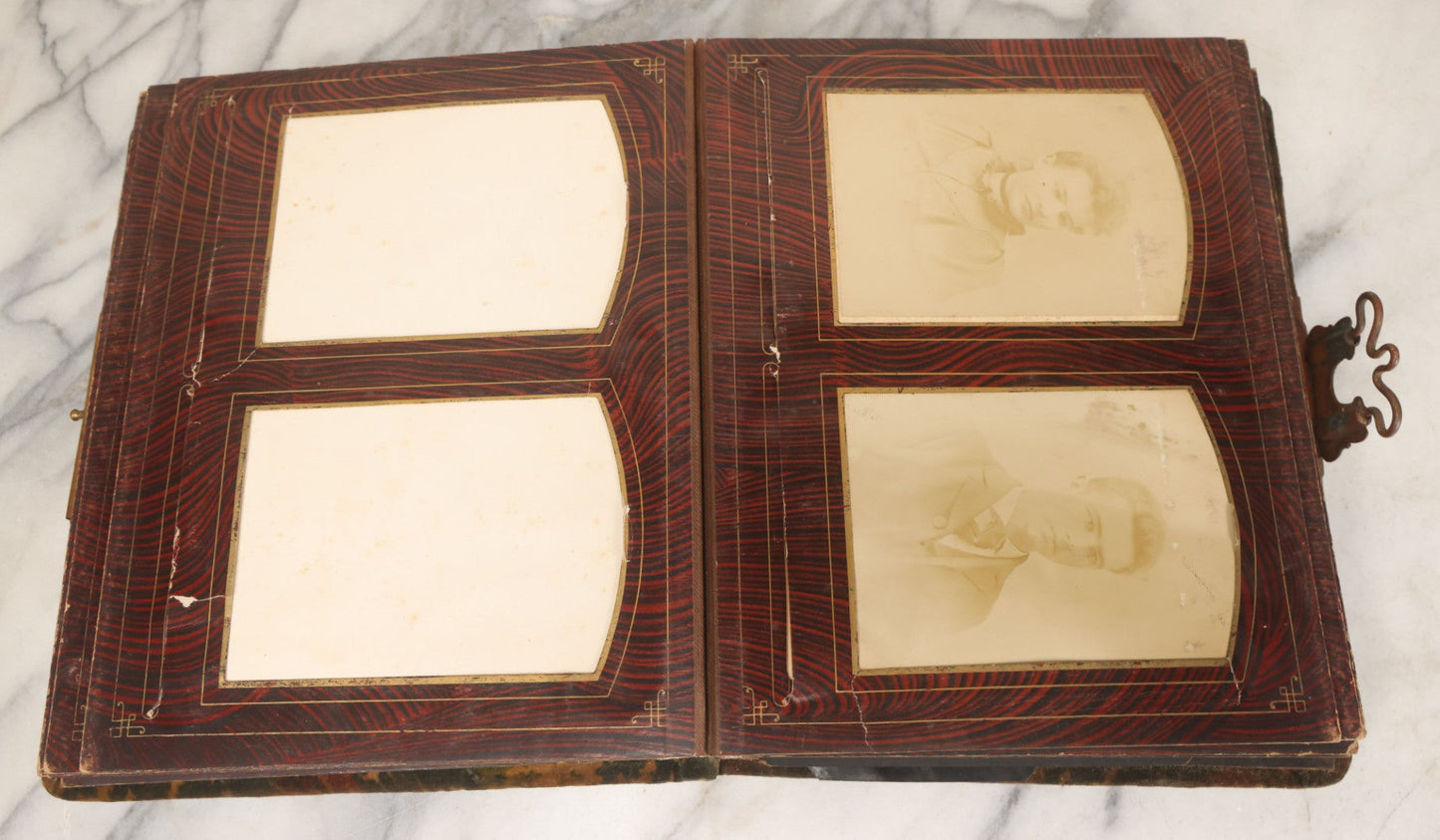 Lot 172 - Antique Victorian Portrait Photo Album With Good Luck Horseshoe Beveled Glass Mirror Cover, 30+ Cabinet Card Photographs, Assorted Loose Photos, Note Has Heavy Musty Smell