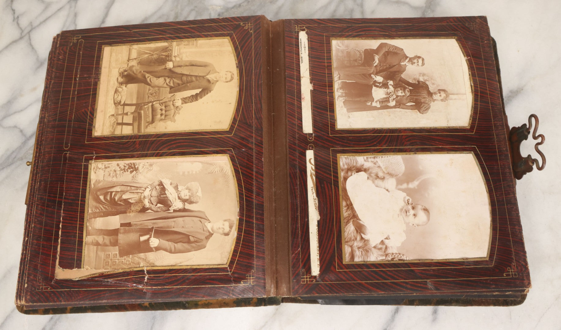 Lot 172 - Antique Victorian Portrait Photo Album With Good Luck Horseshoe Beveled Glass Mirror Cover, 30+ Cabinet Card Photographs, Assorted Loose Photos, Note Has Heavy Musty Smell