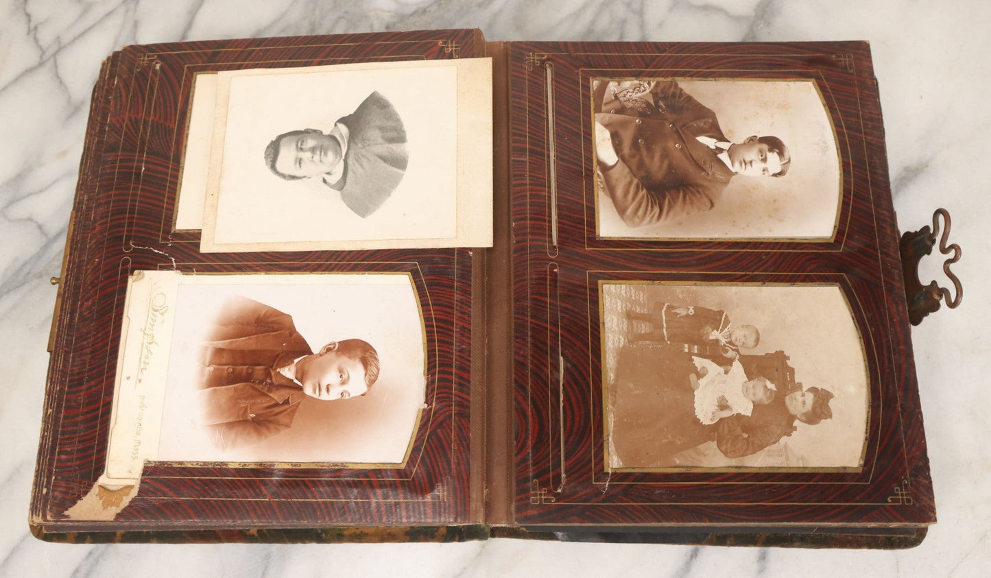 Lot 172 - Antique Victorian Portrait Photo Album With Good Luck Horseshoe Beveled Glass Mirror Cover, 30+ Cabinet Card Photographs, Assorted Loose Photos, Note Has Heavy Musty Smell