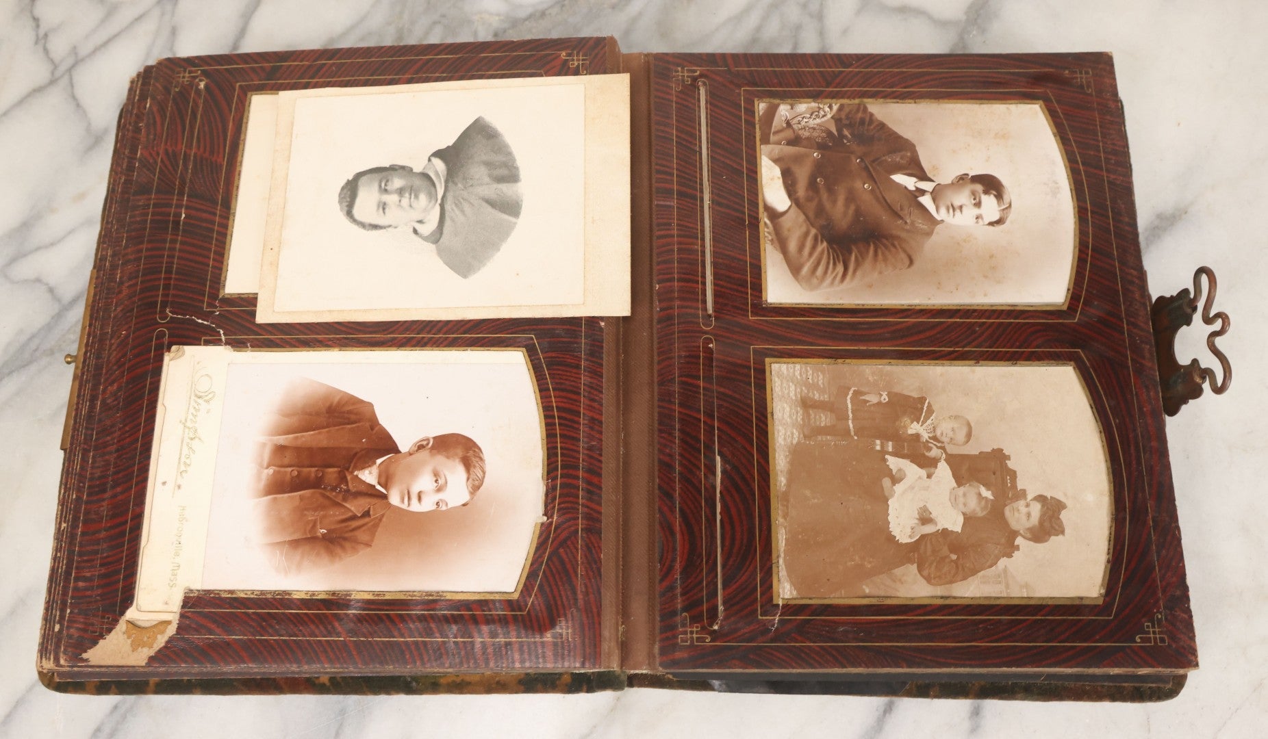 Lot 172 - Antique Victorian Portrait Photo Album With Good Luck Horseshoe Beveled Glass Mirror Cover, 30+ Cabinet Card Photographs, Assorted Loose Photos, Note Has Heavy Musty Smell