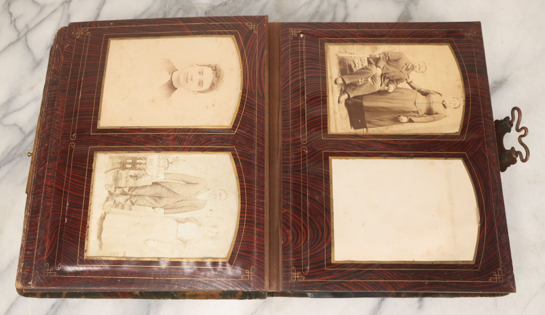 Lot 172 - Antique Victorian Portrait Photo Album With Good Luck Horseshoe Beveled Glass Mirror Cover, 30+ Cabinet Card Photographs, Assorted Loose Photos, Note Has Heavy Musty Smell
