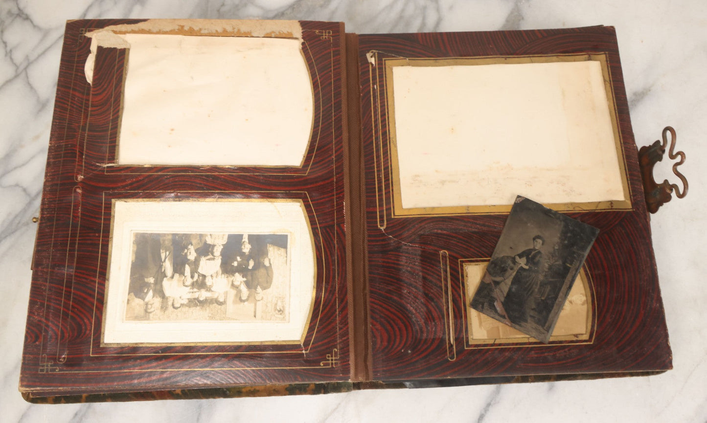 Lot 172 - Antique Victorian Portrait Photo Album With Good Luck Horseshoe Beveled Glass Mirror Cover, 30+ Cabinet Card Photographs, Assorted Loose Photos, Note Has Heavy Musty Smell