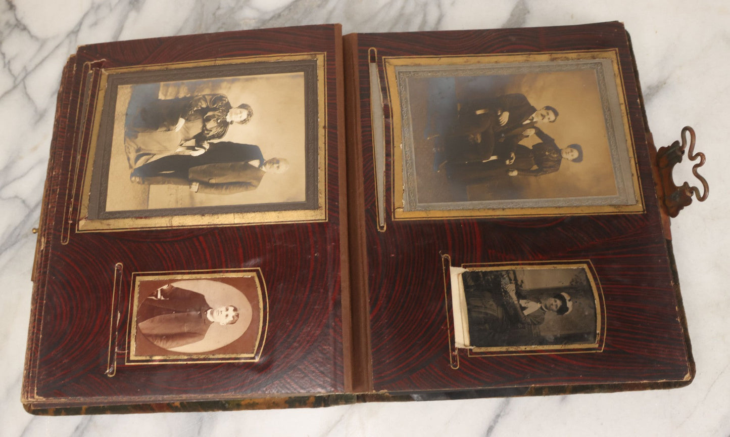 Lot 172 - Antique Victorian Portrait Photo Album With Good Luck Horseshoe Beveled Glass Mirror Cover, 30+ Cabinet Card Photographs, Assorted Loose Photos, Note Has Heavy Musty Smell