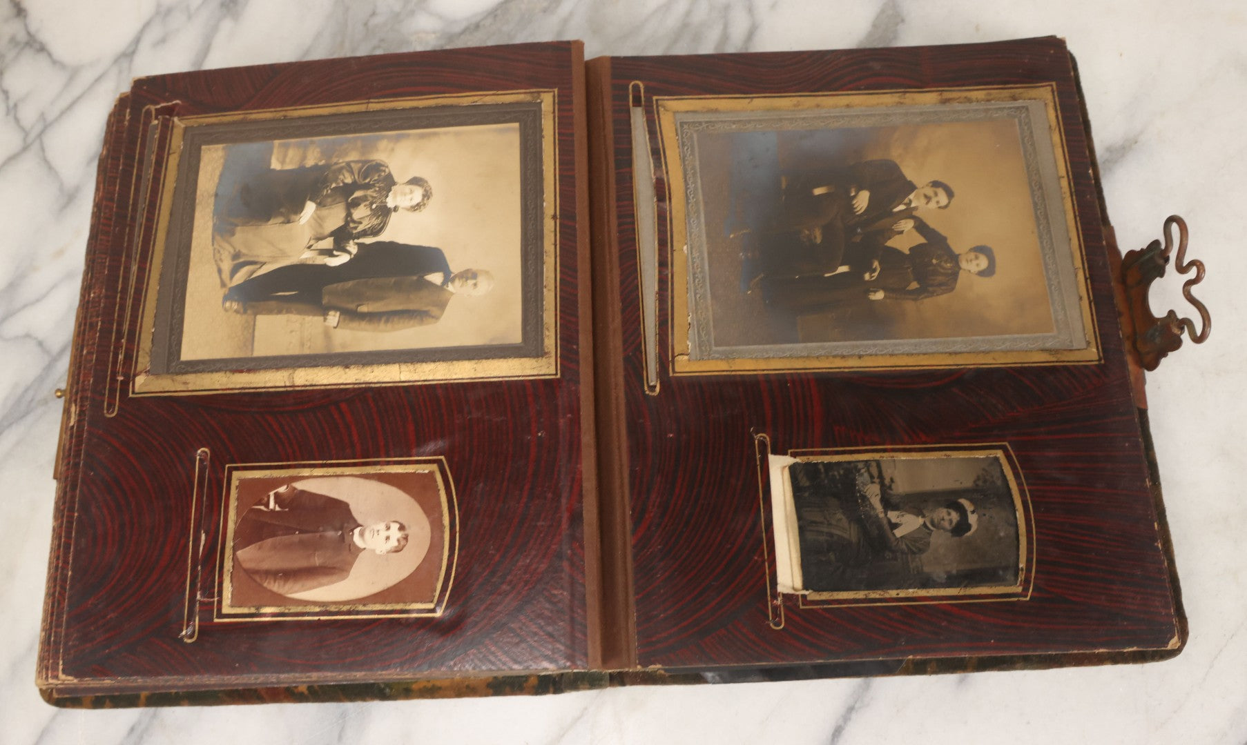 Lot 172 - Antique Victorian Portrait Photo Album With Good Luck Horseshoe Beveled Glass Mirror Cover, 30+ Cabinet Card Photographs, Assorted Loose Photos, Note Has Heavy Musty Smell
