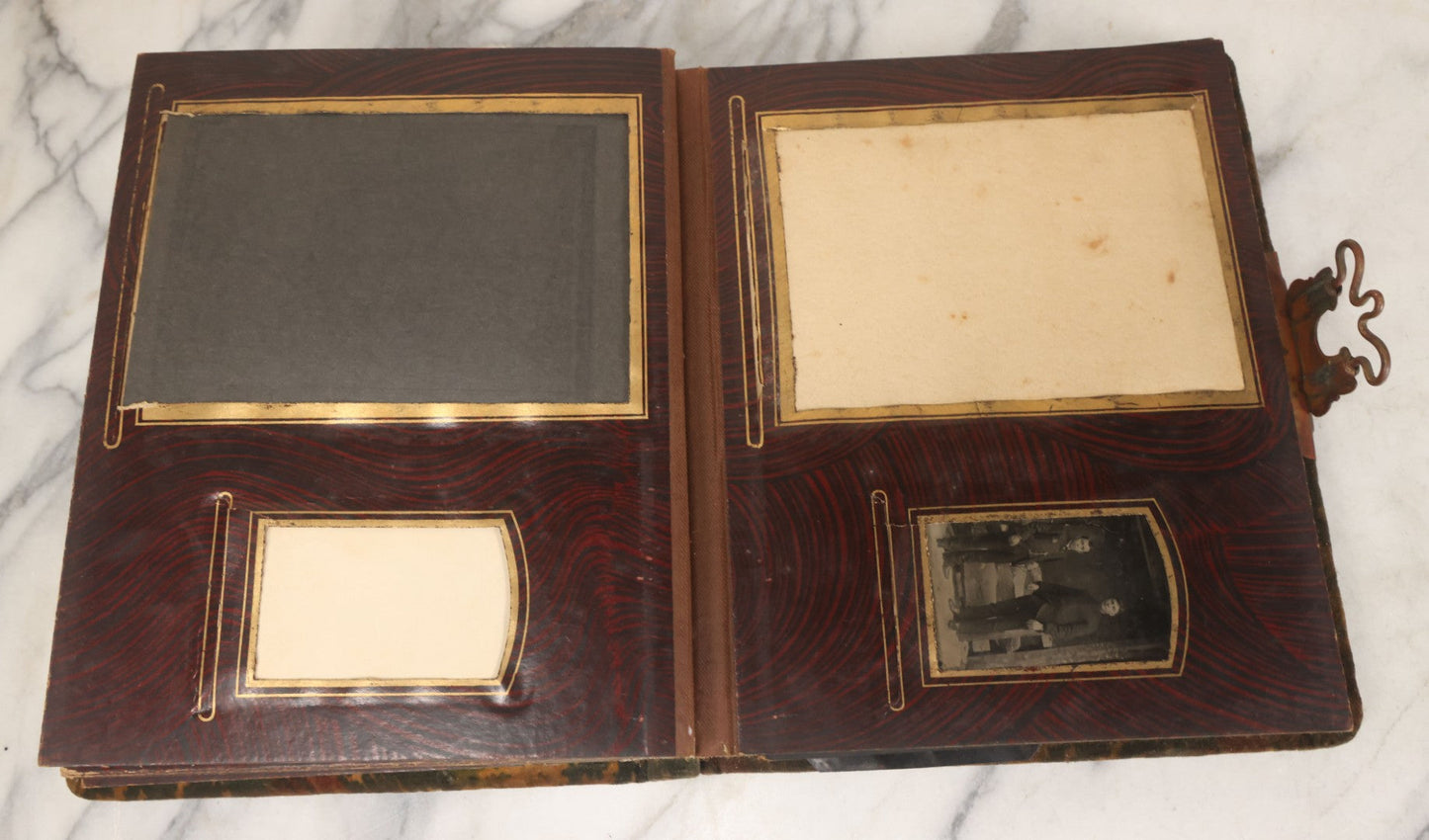 Lot 172 - Antique Victorian Portrait Photo Album With Good Luck Horseshoe Beveled Glass Mirror Cover, 30+ Cabinet Card Photographs, Assorted Loose Photos, Note Has Heavy Musty Smell