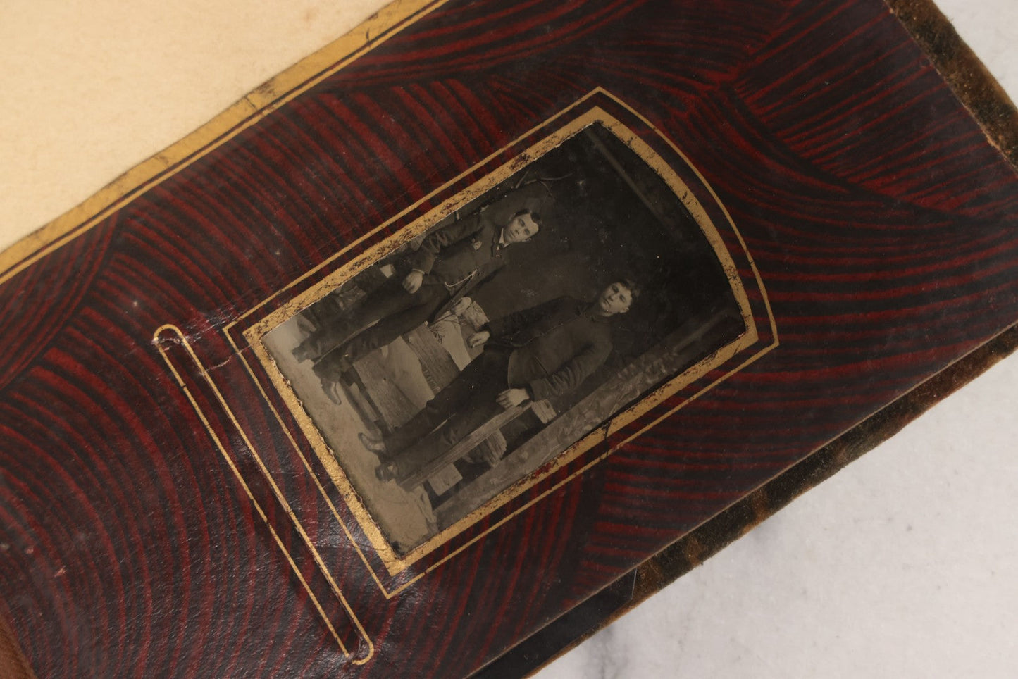 Lot 172 - Antique Victorian Portrait Photo Album With Good Luck Horseshoe Beveled Glass Mirror Cover, 30+ Cabinet Card Photographs, Assorted Loose Photos, Note Has Heavy Musty Smell