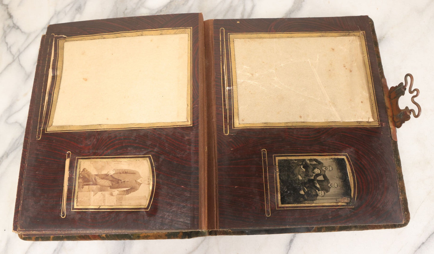 Lot 172 - Antique Victorian Portrait Photo Album With Good Luck Horseshoe Beveled Glass Mirror Cover, 30+ Cabinet Card Photographs, Assorted Loose Photos, Note Has Heavy Musty Smell