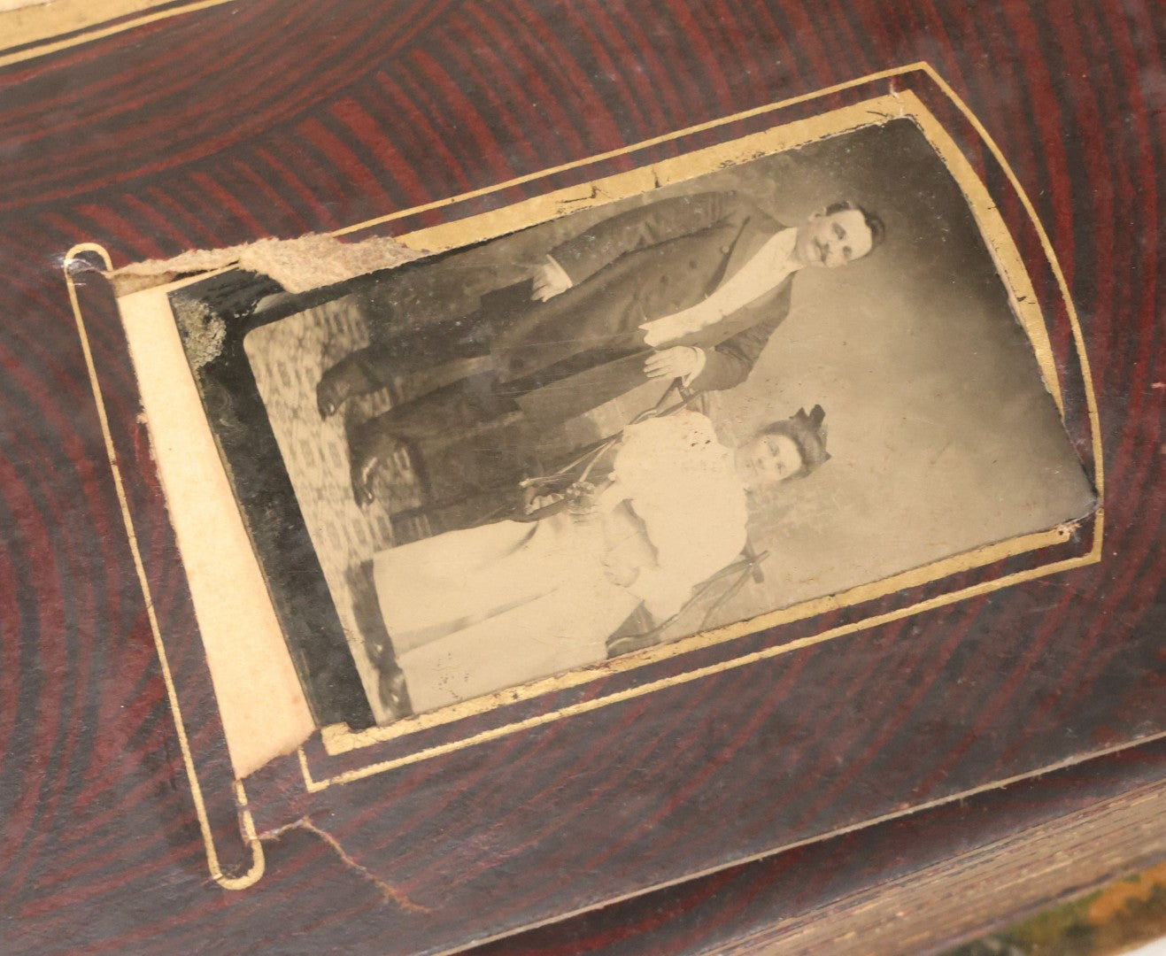 Lot 172 - Antique Victorian Portrait Photo Album With Good Luck Horseshoe Beveled Glass Mirror Cover, 30+ Cabinet Card Photographs, Assorted Loose Photos, Note Has Heavy Musty Smell