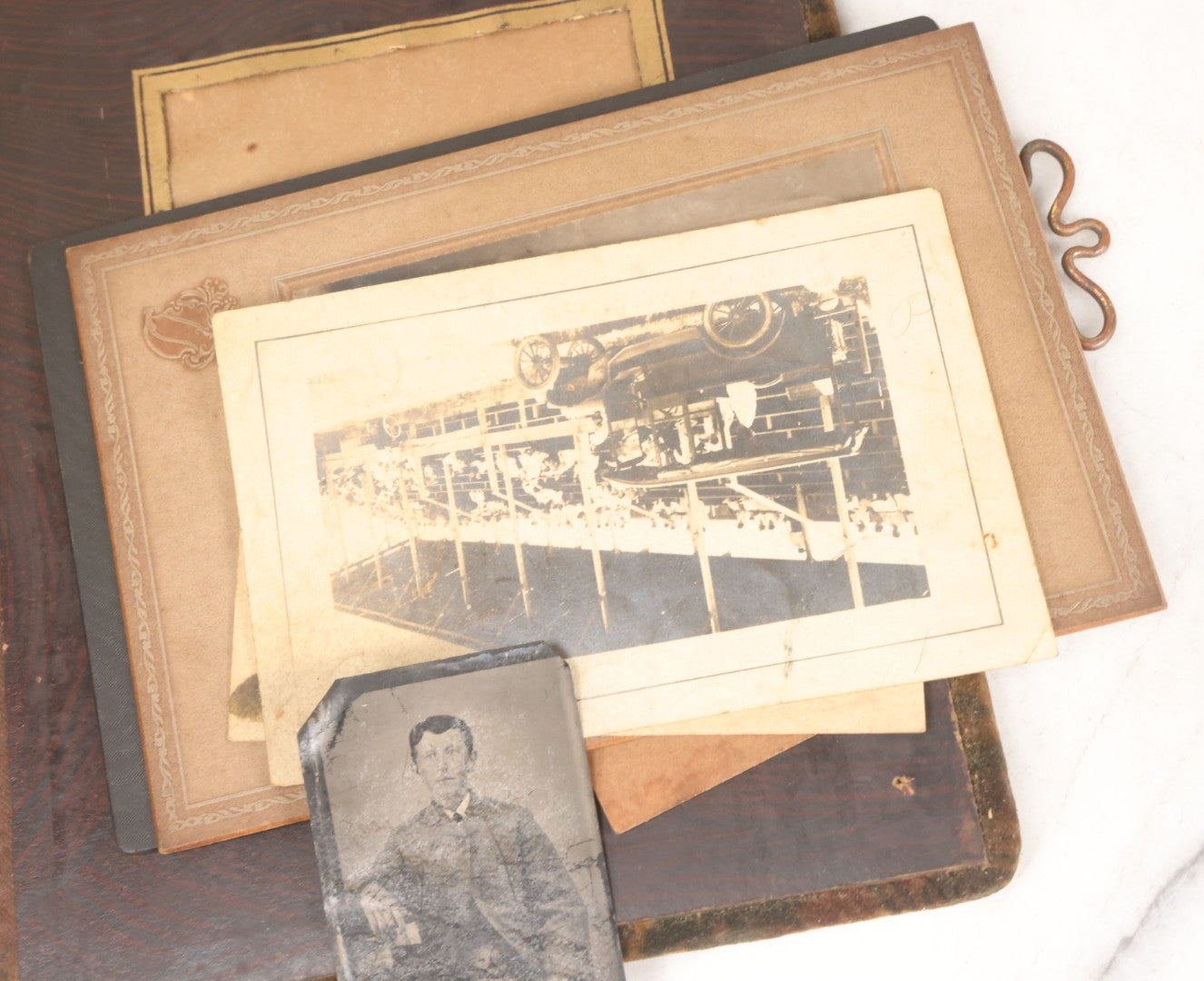 Lot 172 - Antique Victorian Portrait Photo Album With Good Luck Horseshoe Beveled Glass Mirror Cover, 30+ Cabinet Card Photographs, Assorted Loose Photos, Note Has Heavy Musty Smell