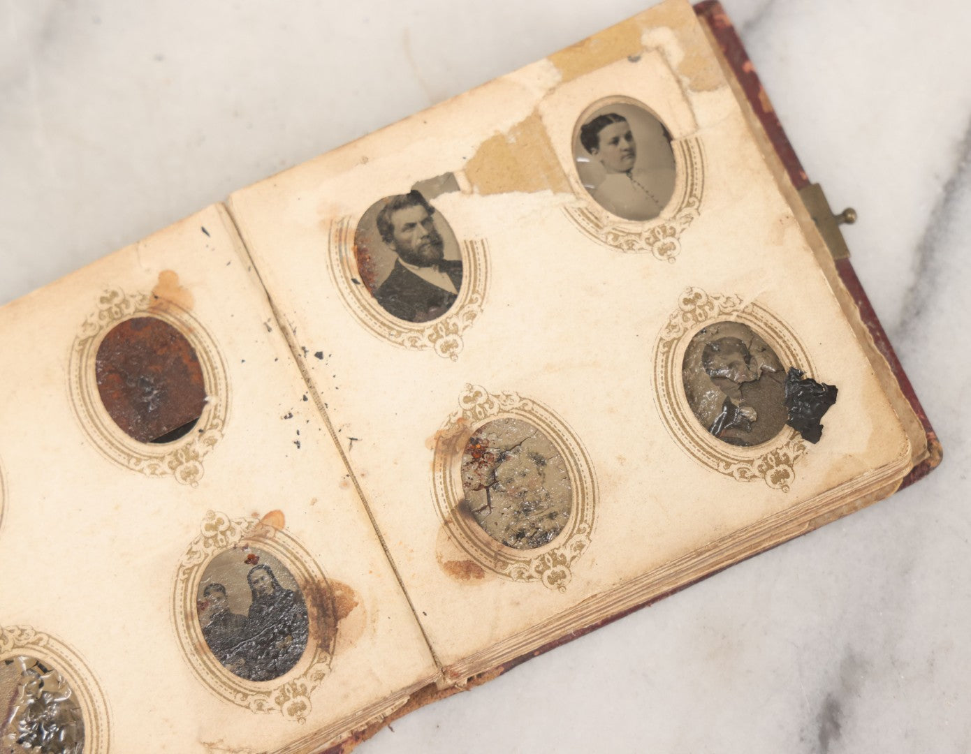Lot 173 - Antique Poor Salvage Condition Gem Tintype Album, With Many Rusted, Worn, Totally Lost Tintype Photographs, Likely Was Water Damaged, As Found