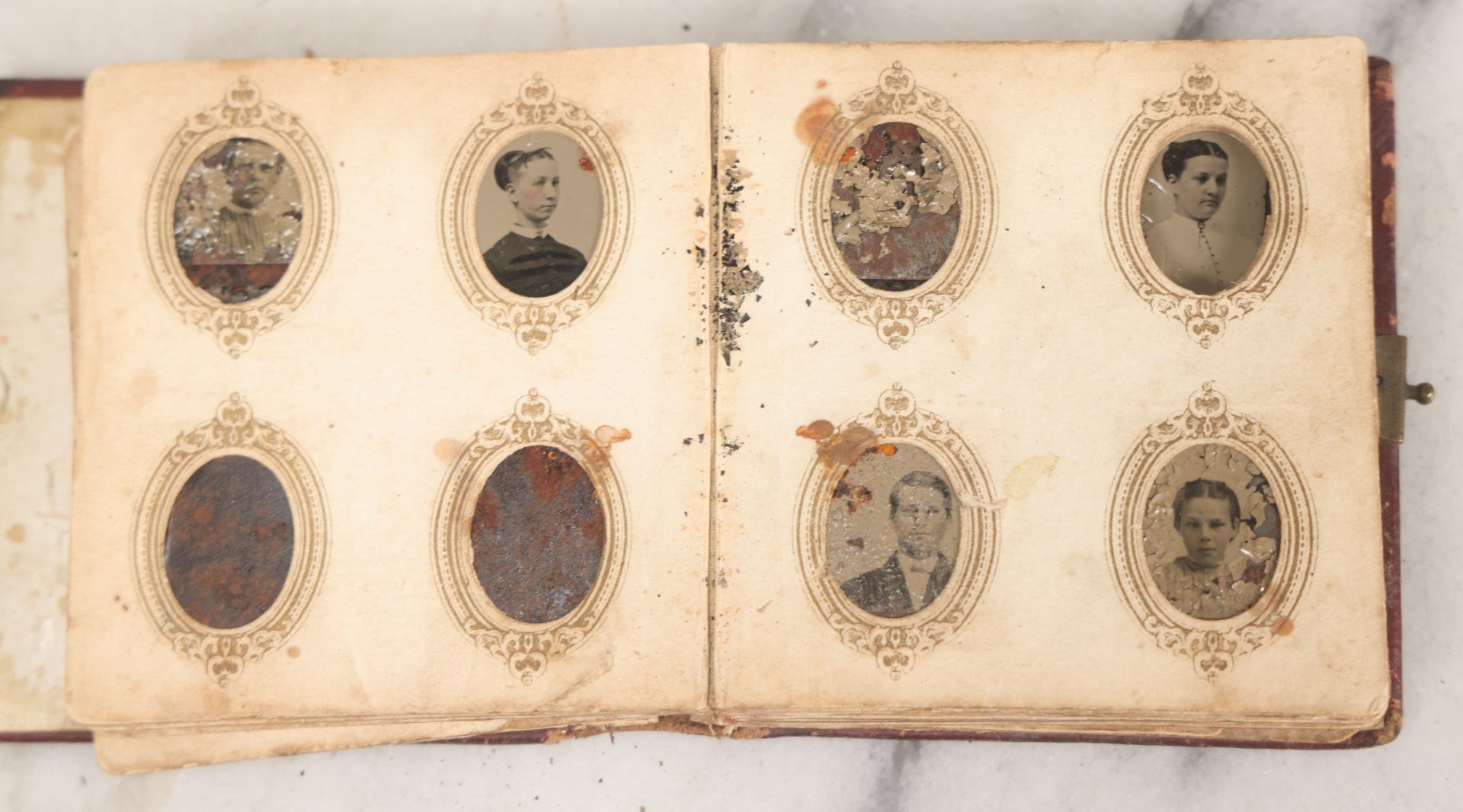 Lot 173 - Antique Poor Salvage Condition Gem Tintype Album, With Many Rusted, Worn, Totally Lost Tintype Photographs, Likely Was Water Damaged, As Found