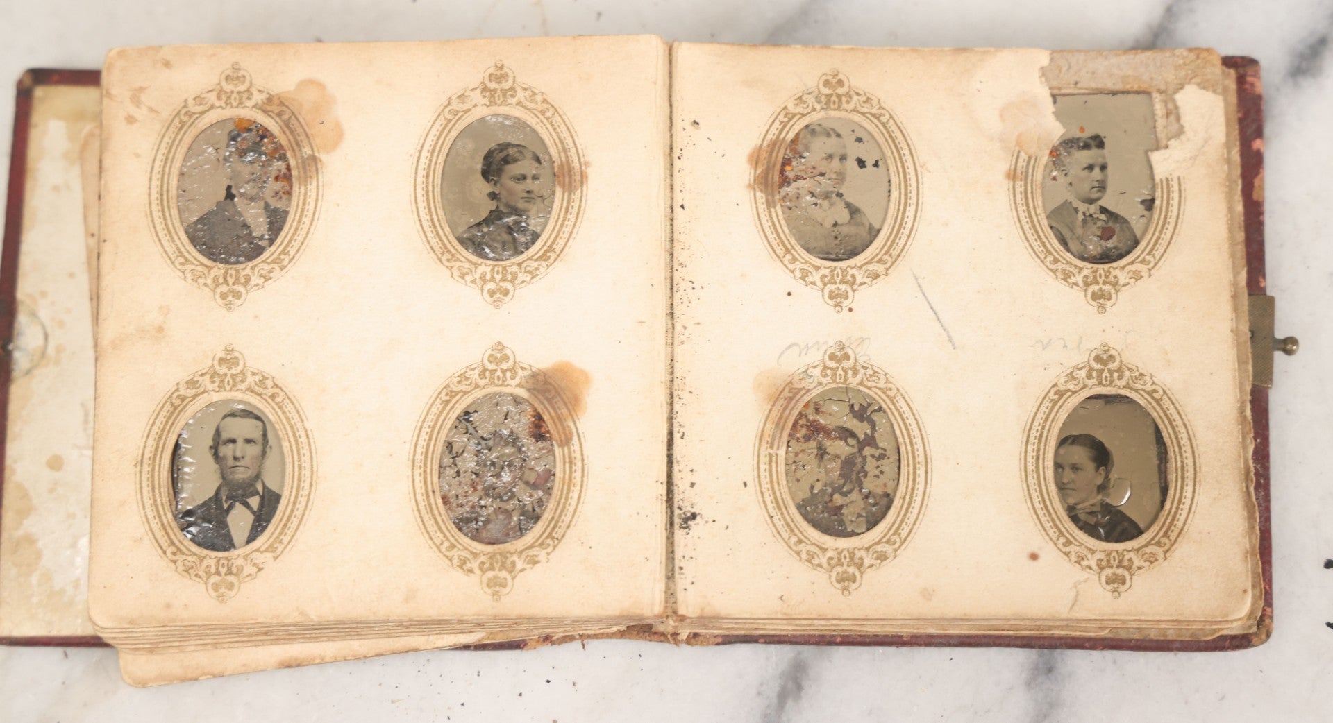 Lot 173 - Antique Poor Salvage Condition Gem Tintype Album, With Many Rusted, Worn, Totally Lost Tintype Photographs, Likely Was Water Damaged, As Found