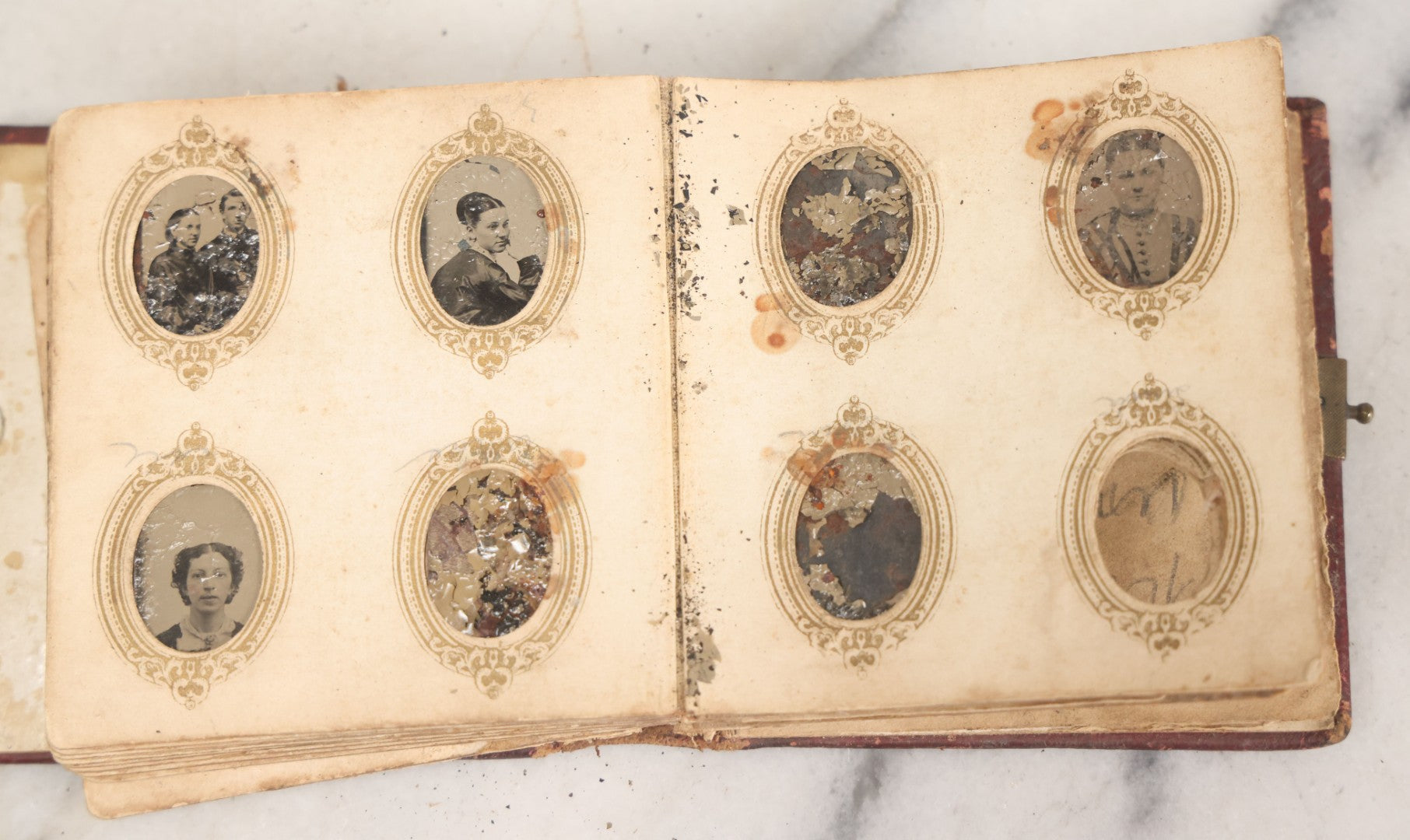 Lot 173 - Antique Poor Salvage Condition Gem Tintype Album, With Many Rusted, Worn, Totally Lost Tintype Photographs, Likely Was Water Damaged, As Found