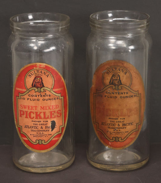 Lot 041 - Pair Of Vintage Glass Jars With Paper Labels For Sultana Brand Sweet Pickles, Packed For The Great Atlantic And Pacific Tea Company, U.S.A., By The A&P Products Corp., Brookport, New York, Each 5-7/8" Height