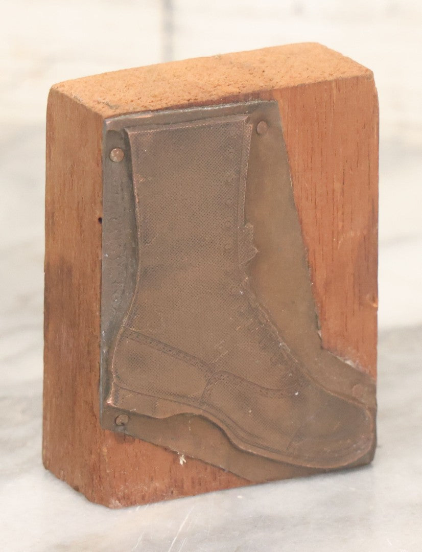 Lot 071 - Antique Advertising Printing Block With An Image Of A Boot Or Shoe, Mounted To Wooden Block