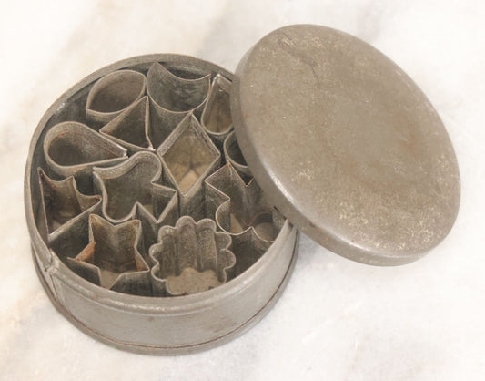 Lot 073 - Antique Miniature Cookie Cutters Set Of Twelve In Original Tin, Various Shapes Including Card Suites, Star, Etc., G.M.T. Co., Germany