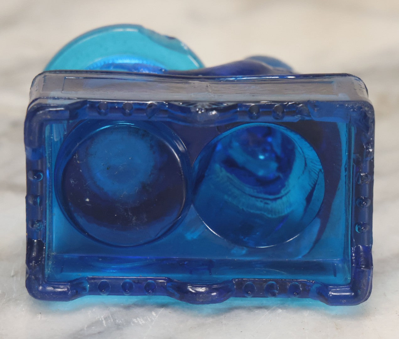Lot 083 - Antique Molded Blue Glass Toothpick Holder With Magician Monkey Posing With Top Hat, Note Chip To Hat Rim