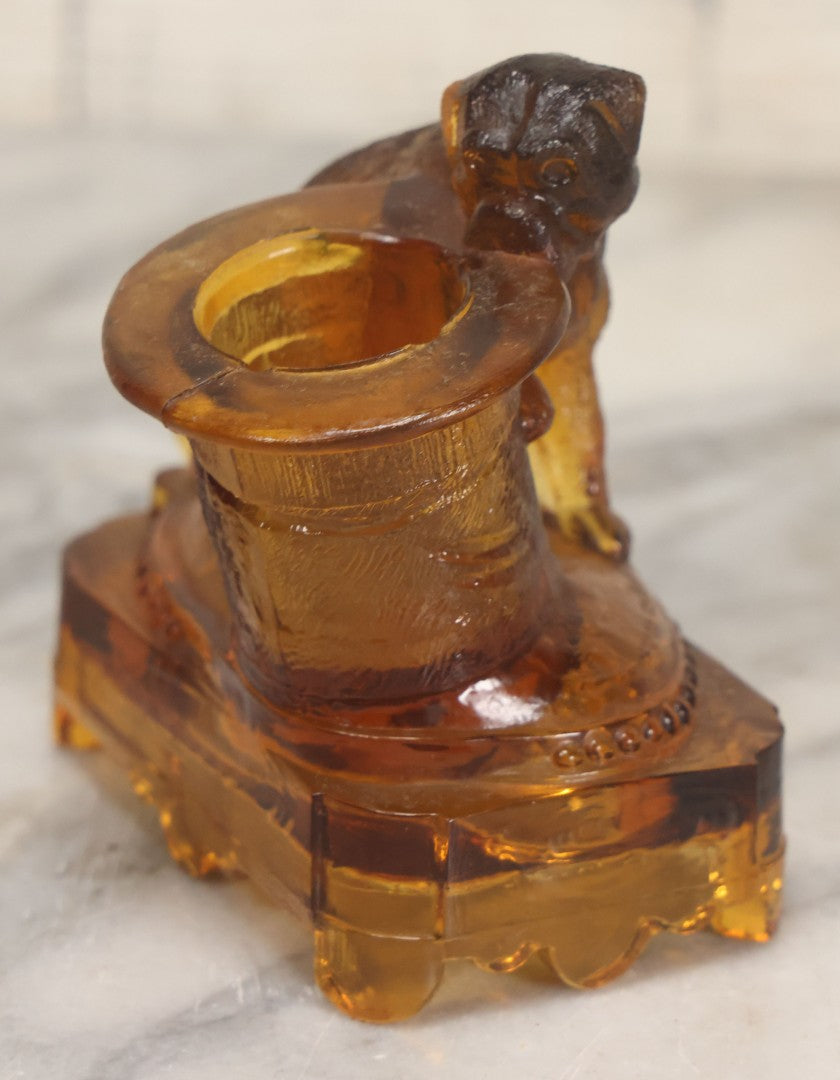 Lot 084 - Antique Molded Orange Glass Toothpick Holder With Sa Dog Resting Chin On Top Hat, Note Chips To Interior Of Hat