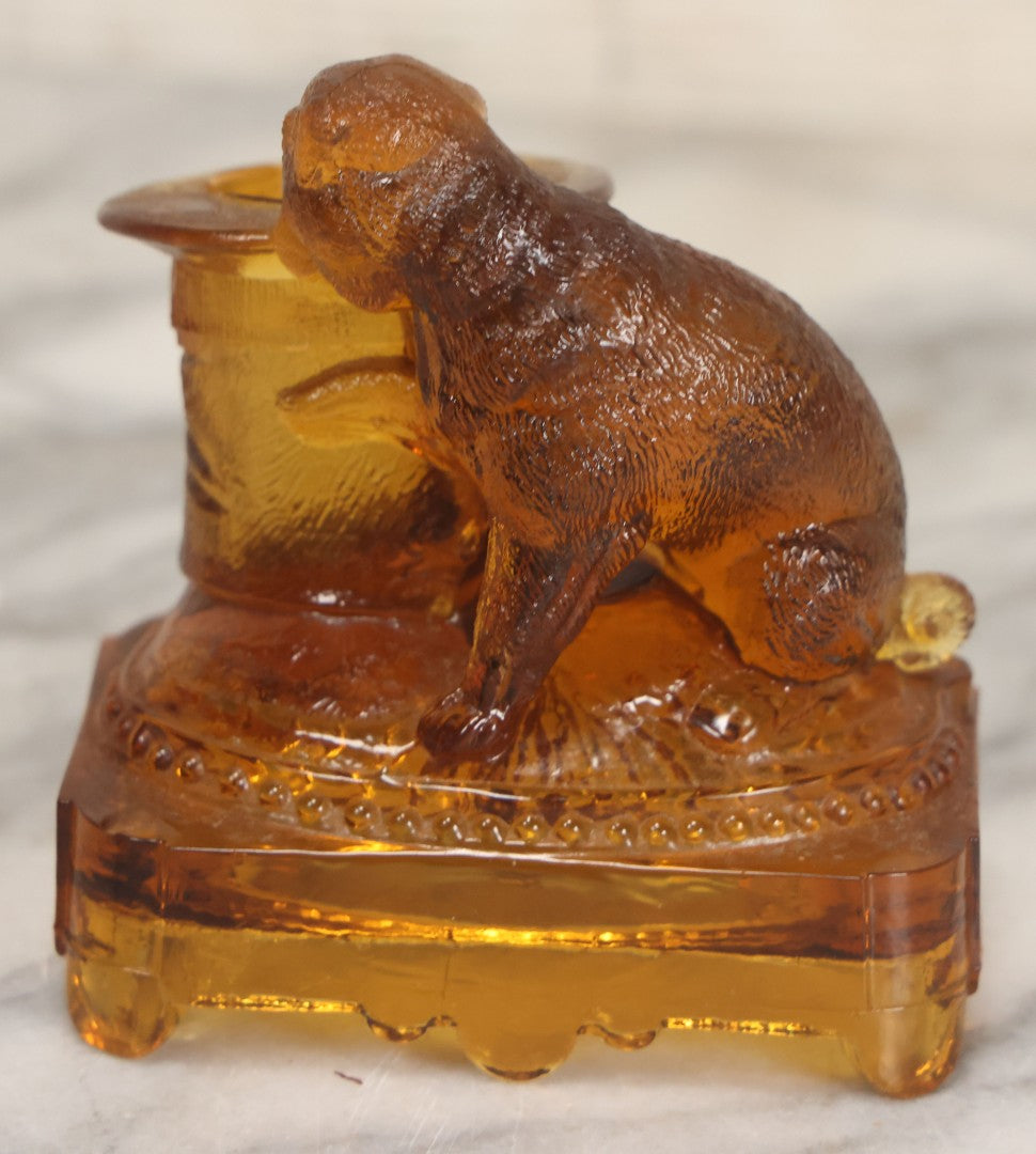 Lot 084 - Antique Molded Orange Glass Toothpick Holder With Sa Dog Resting Chin On Top Hat, Note Chips To Interior Of Hat