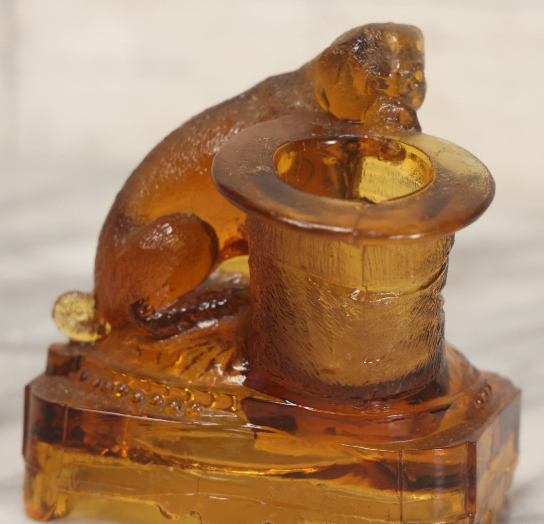 Lot 084 - Antique Molded Orange Glass Toothpick Holder With Sa Dog Resting Chin On Top Hat, Note Chips To Interior Of Hat