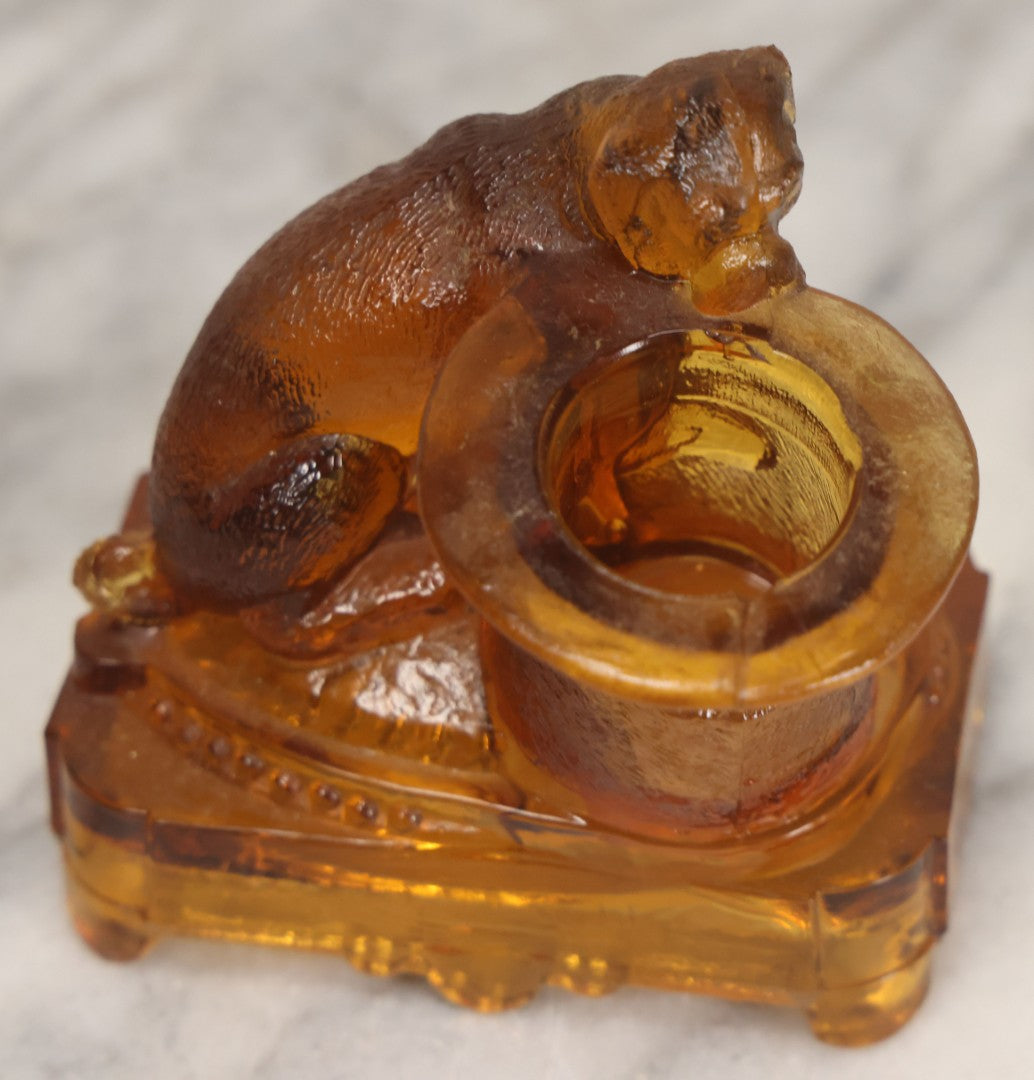 Lot 084 - Antique Molded Orange Glass Toothpick Holder With Sa Dog Resting Chin On Top Hat, Note Chips To Interior Of Hat