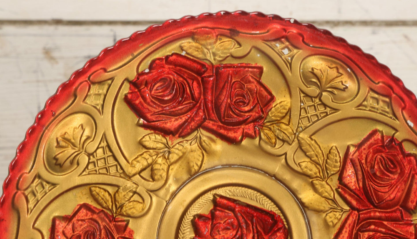 Lot 086 - Antique Reverse Painted Goofus Glass Rose Pattern Plate With Red And Gold Paint, 10-1/2" Diameter