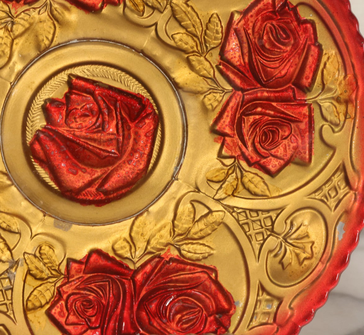 Lot 086 - Antique Reverse Painted Goofus Glass Rose Pattern Plate With Red And Gold Paint, 10-1/2" Diameter