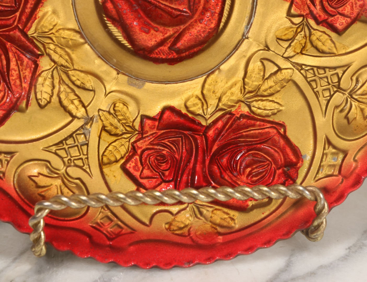 Lot 086 - Antique Reverse Painted Goofus Glass Rose Pattern Plate With Red And Gold Paint, 10-1/2" Diameter