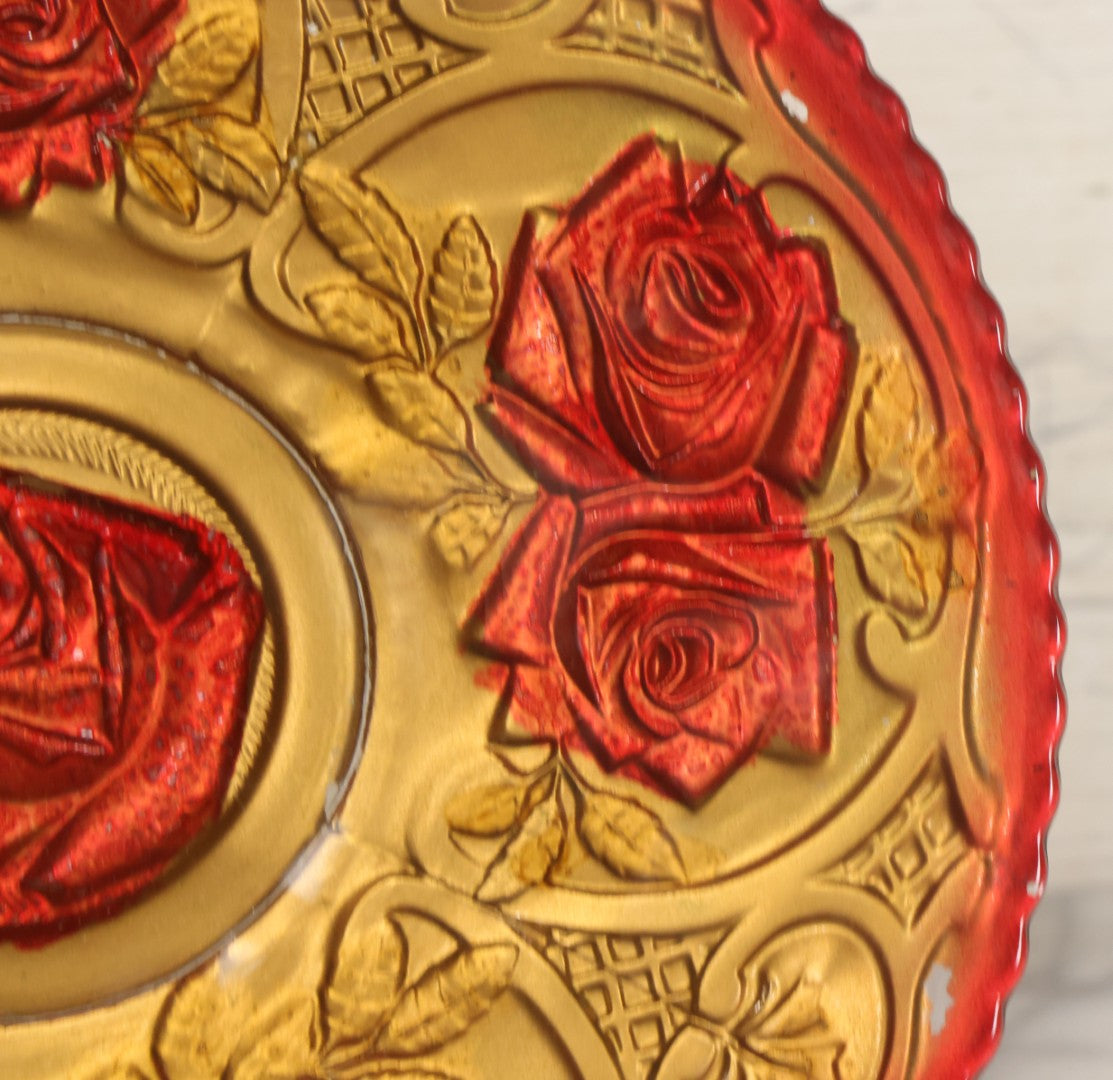 Lot 086 - Antique Reverse Painted Goofus Glass Rose Pattern Plate With Red And Gold Paint, 10-1/2" Diameter
