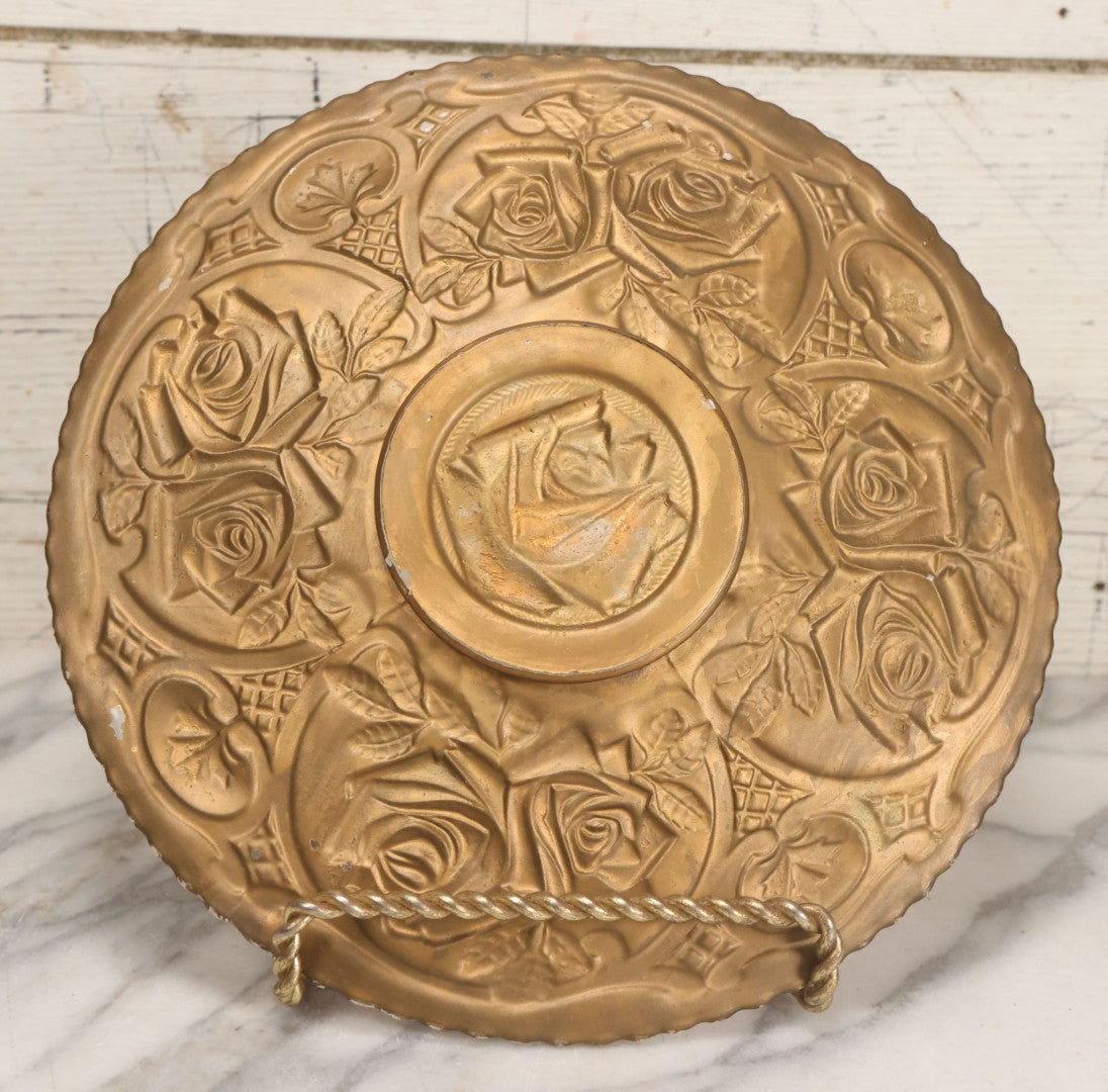 Lot 086 - Antique Reverse Painted Goofus Glass Rose Pattern Plate With Red And Gold Paint, 10-1/2" Diameter
