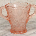 Lot 087 - Antique Pink Depression Glass Two Handled Vase Or Serving Vessel With Pressed Strawberries Pattern, 5" Height