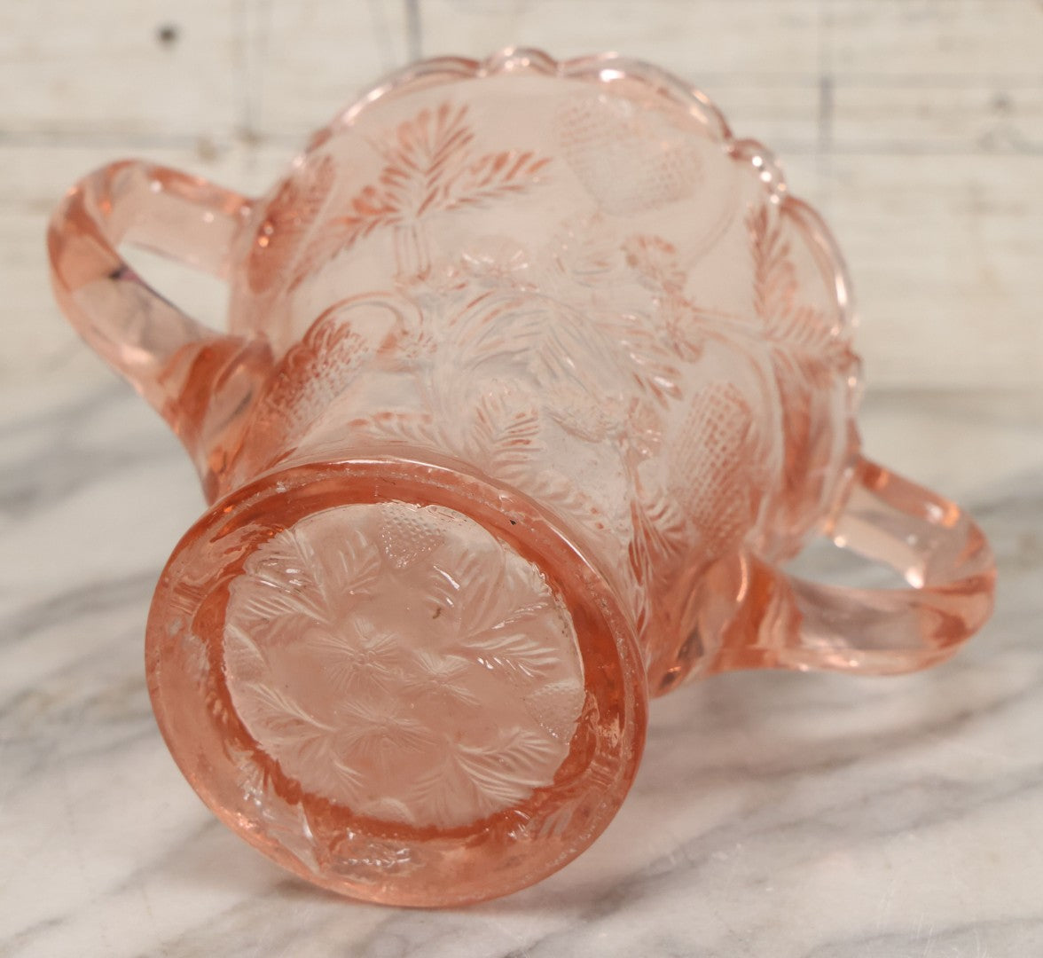 Lot 087 - Antique Pink Depression Glass Two Handled Vase Or Serving Vessel With Pressed Strawberries Pattern, 5" Height