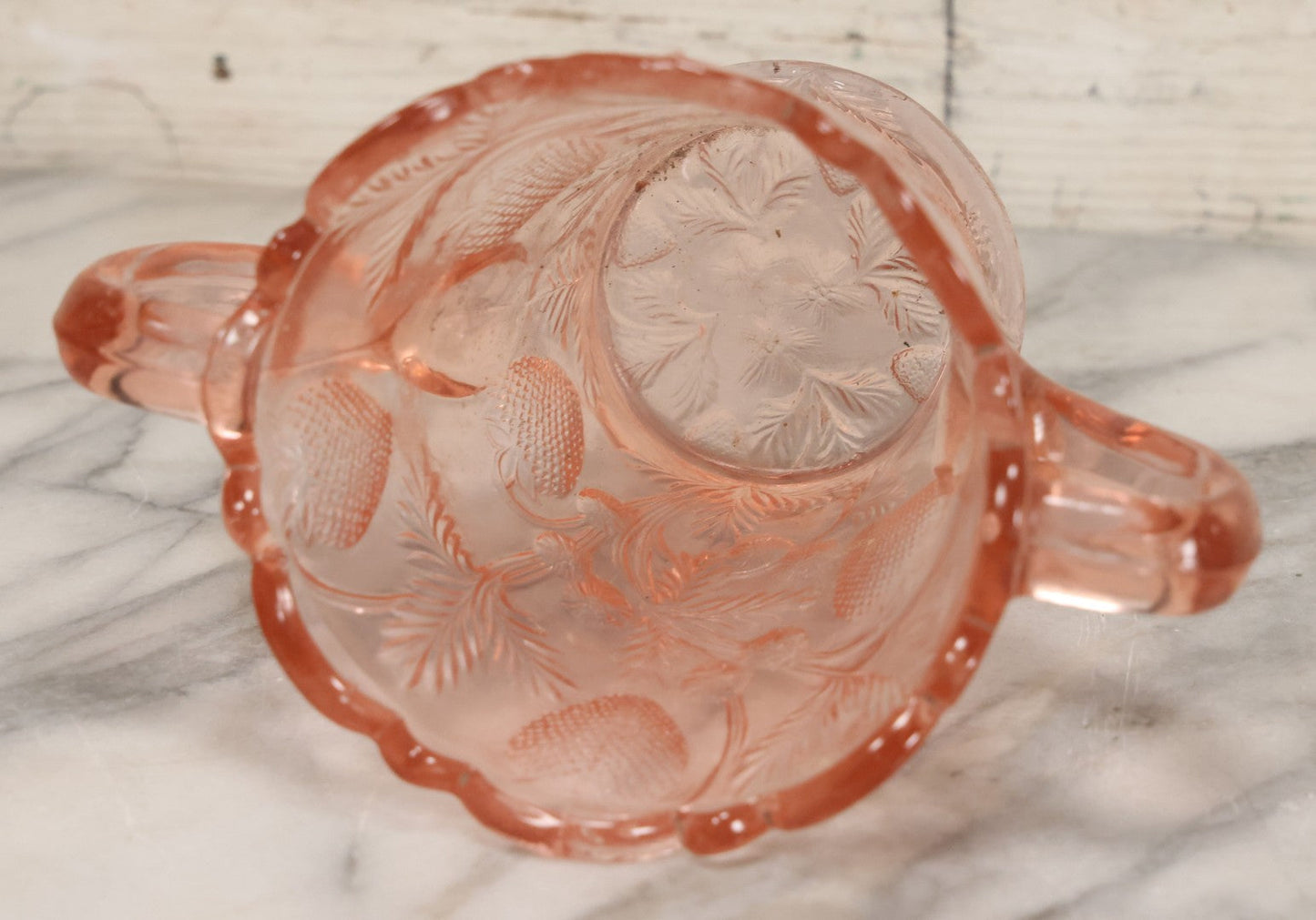 Lot 087 - Antique Pink Depression Glass Two Handled Vase Or Serving Vessel With Pressed Strawberries Pattern, 5" Height