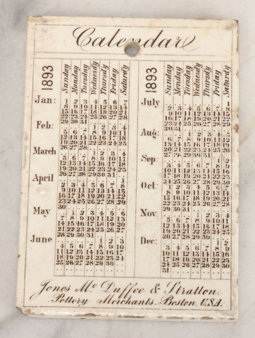 Lot 090 - Antique 1893 Calendar Tile With Image Of Independence Hall, Philadelphia, Advertising Jones, McDuffee & Stratton Co., Pottery Merchants, Boston, Manufactured By Wedgwood, Etruria, England
