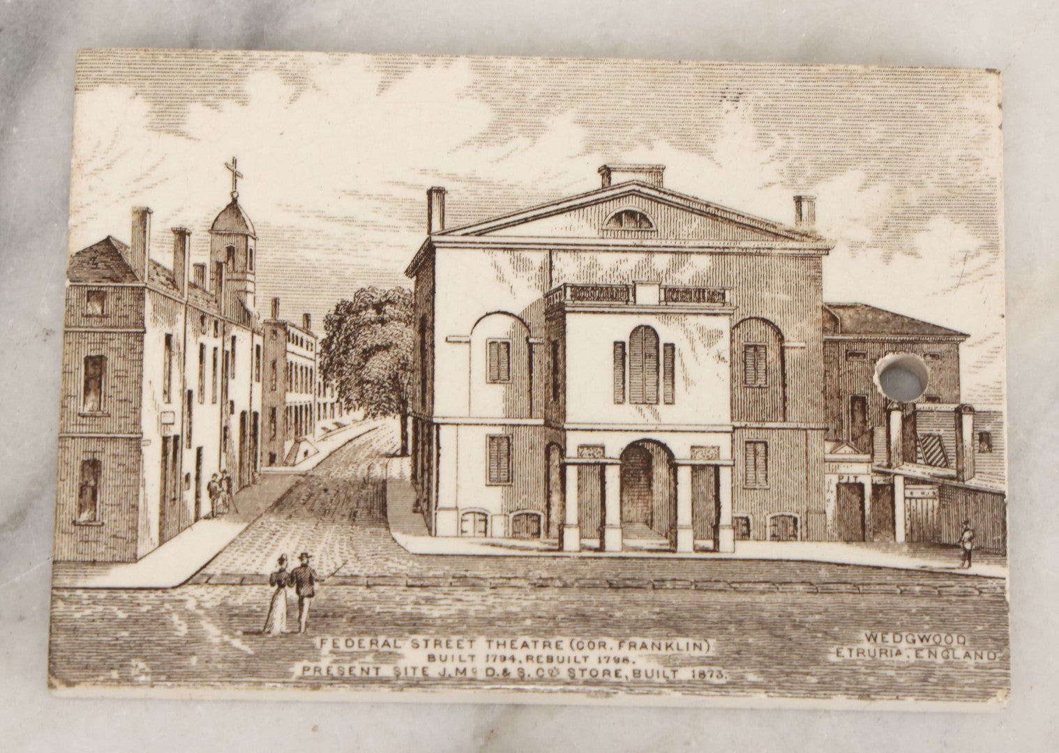 Lot 091 - Antique 1897 Calendar Tile With Image Of Federal Street Theatre, Boston, Advertising Jones, McDuffee & Stratton Co., Pottery Merchants, Boston, Manufactured By Wedgwood, Etruria, England