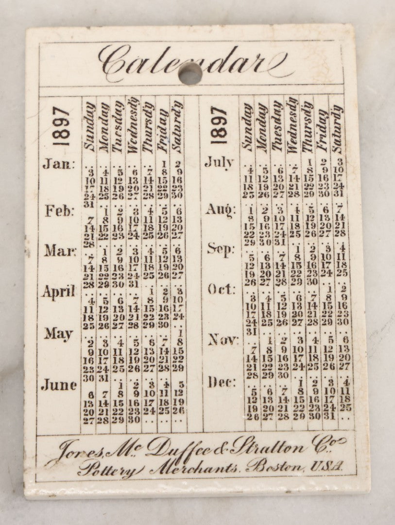 Lot 091 - Antique 1897 Calendar Tile With Image Of Federal Street Theatre, Boston, Advertising Jones, McDuffee & Stratton Co., Pottery Merchants, Boston, Manufactured By Wedgwood, Etruria, England