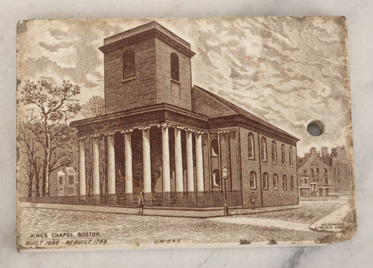 Lot 092 - Antique 1898 Calendar Tile With Image Of King's Chapel, Boston, Advertising Jones, McDuffee & Stratton Co., Pottery Merchants, Boston, Manufactured By Wedgwood, Etruria, England