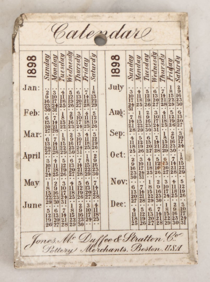 Lot 092 - Antique 1898 Calendar Tile With Image Of King's Chapel, Boston, Advertising Jones, McDuffee & Stratton Co., Pottery Merchants, Boston, Manufactured By Wedgwood, Etruria, England