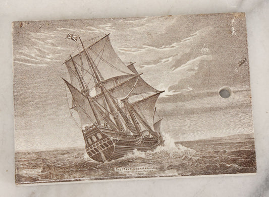 Lot 093 - Antique 1910 Calendar Tile With Image Of The Mayflower Arriving In Provincetown Harbor, Advertising Jones, McDuffee & Stratton Co., Pottery & Glass Merchants, Boston, Copyright John A. Lowell & Co., 1905