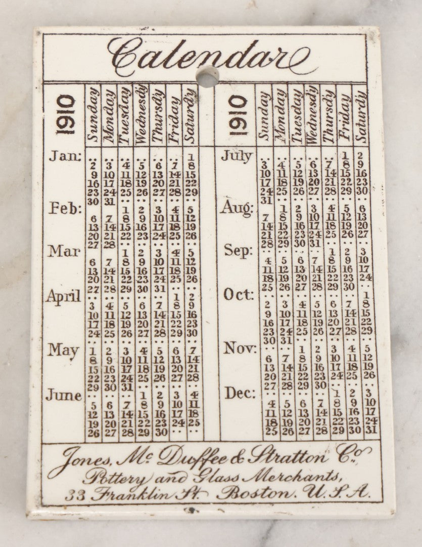 Lot 093 - Antique 1910 Calendar Tile With Image Of The Mayflower Arriving In Provincetown Harbor, Advertising Jones, McDuffee & Stratton Co., Pottery & Glass Merchants, Boston, Copyright John A. Lowell & Co., 1905