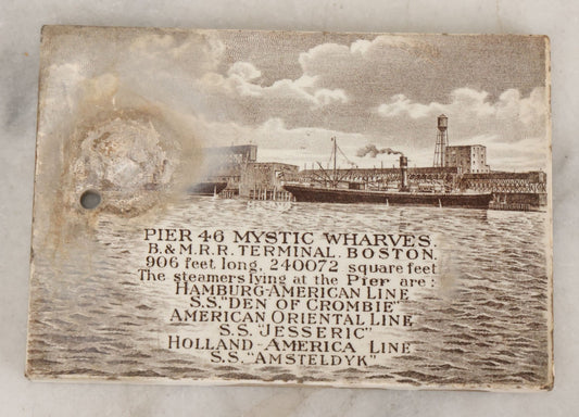 Lot 094 - Antique 1913 Calendar Tile With Image Of Pier 46 Mystic Wharves, Boston &  Maine Railroad Terminal, Boston, Advertising Jones, McDuffee & Stratton Corporation, Crockery, China, & Glass Merchants, Boston, Note Large Blemish, Left Side