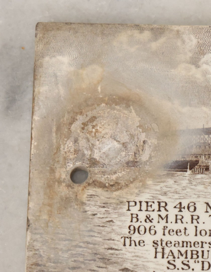 Lot 094 - Antique 1913 Calendar Tile With Image Of Pier 46 Mystic Wharves, Boston &  Maine Railroad Terminal, Boston, Advertising Jones, McDuffee & Stratton Corporation, Crockery, China, & Glass Merchants, Boston, Note Large Blemish, Left Side