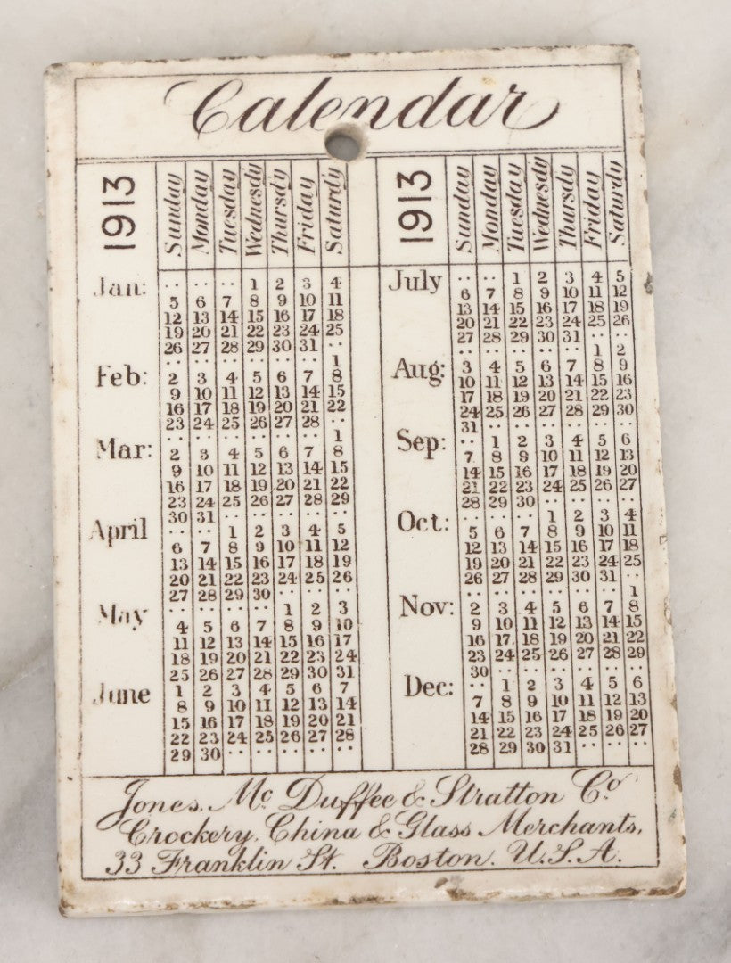 Lot 094 - Antique 1913 Calendar Tile With Image Of Pier 46 Mystic Wharves, Boston &  Maine Railroad Terminal, Boston, Advertising Jones, McDuffee & Stratton Corporation, Crockery, China, & Glass Merchants, Boston, Note Large Blemish, Left Side