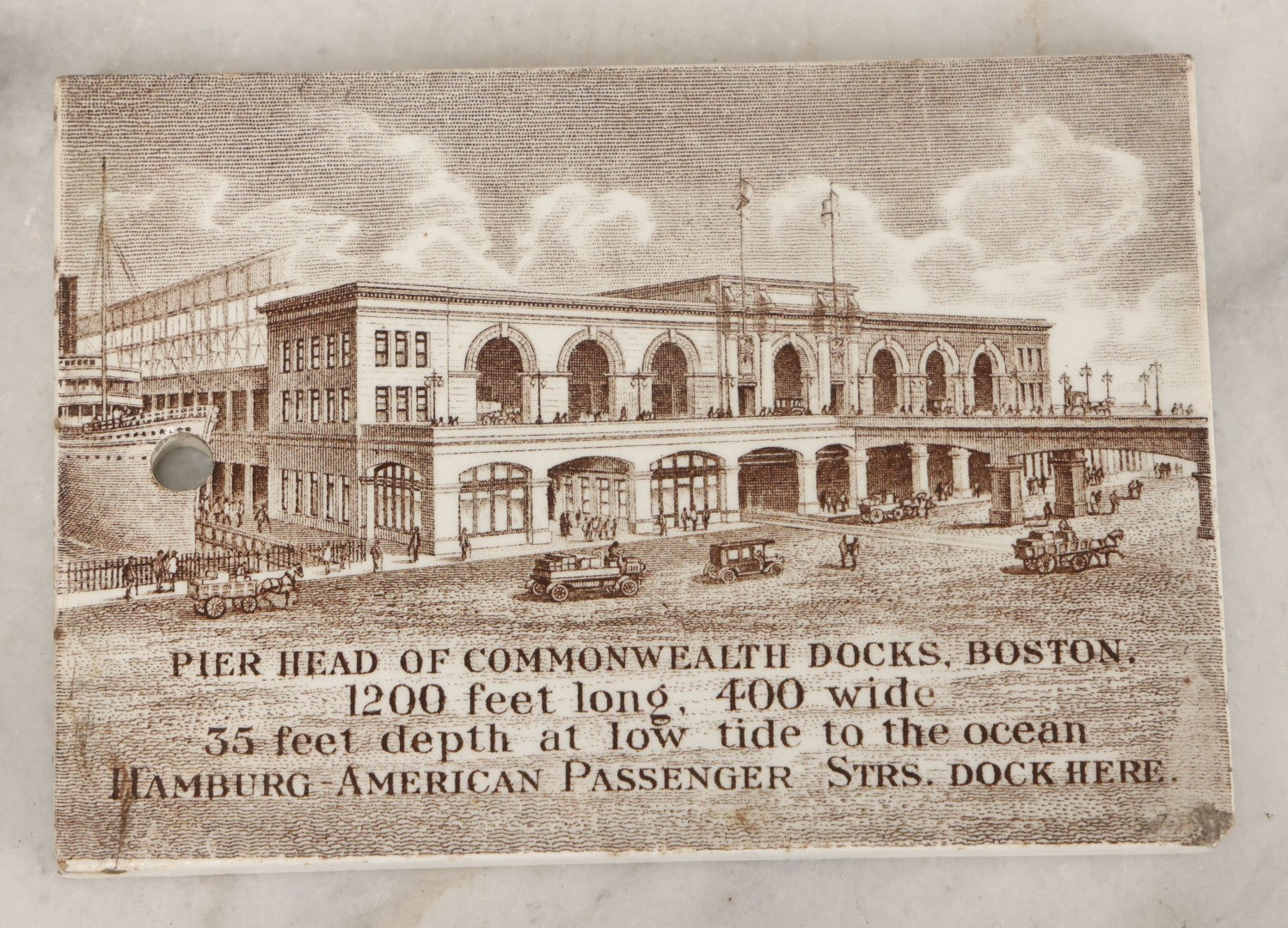 Lot 095 - Antique 1914 Calendar Tile With Image Of Pier Head Of Commonwealth Docks, Boston, Advertising Jones, McDuffee & Stratton Corporation, Crockery, China, & Glass Merchants, Boston, Manufactured By Wedgwood, Etruria, England