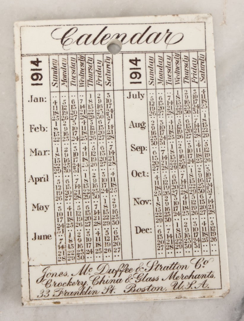 Lot 095 - Antique 1914 Calendar Tile With Image Of Pier Head Of Commonwealth Docks, Boston, Advertising Jones, McDuffee & Stratton Corporation, Crockery, China, & Glass Merchants, Boston, Manufactured By Wedgwood, Etruria, England