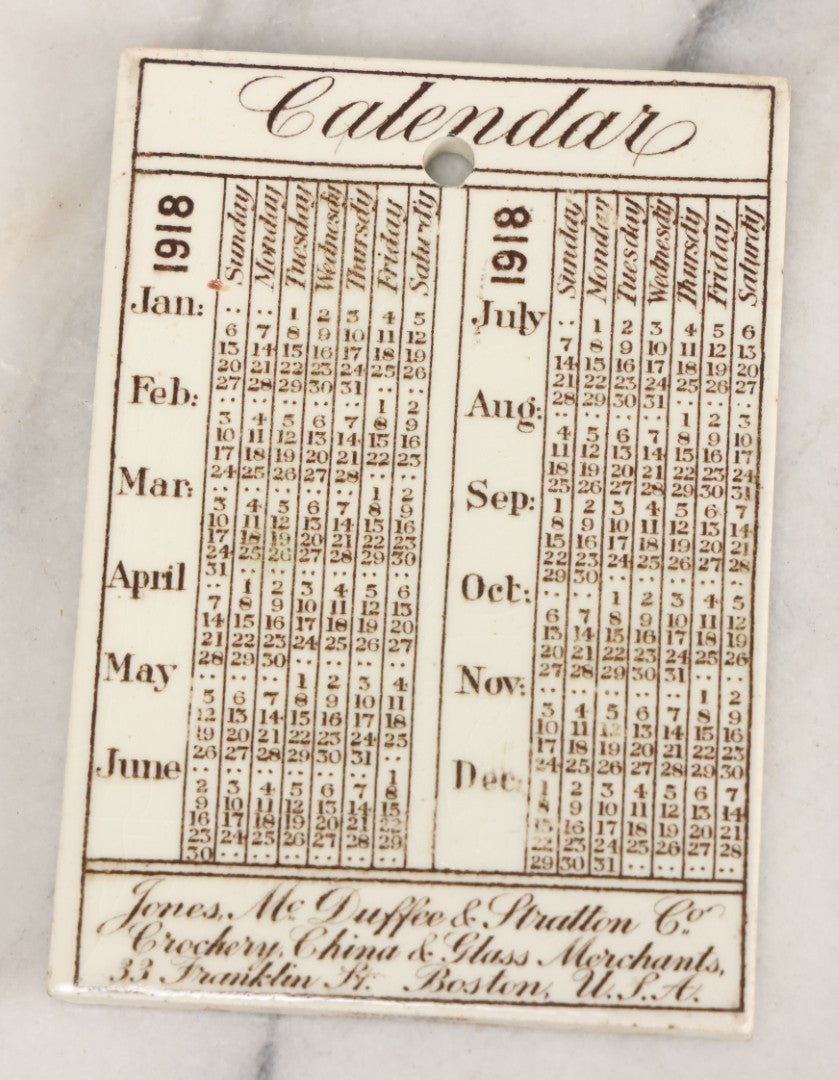 Lot 097 - Antique 1918 Calendar Tile With Image Of The Boston Light, First Lighthouse In America, Advertising Jones, McDuffee & Stratton Corporation, Crockery, China, & Glass Merchants, Boston, Manufactured By Wedgwood, Etruria, England